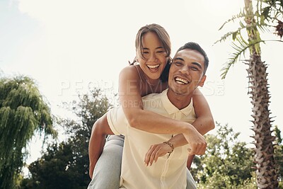 Buy stock photo Happiness, couple and piggyback in garden for love, summer and having fun together outdoor. Relationship, smile and partnership on weekend for support, man and woman in springtime for holiday