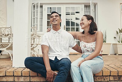 Buy stock photo Married, couple and relax on holiday on porch for love, support and bonding together outdoor. Hug, care and happy man with woman at hotel villa for travel, summer adventure or honeymoon in Venice
