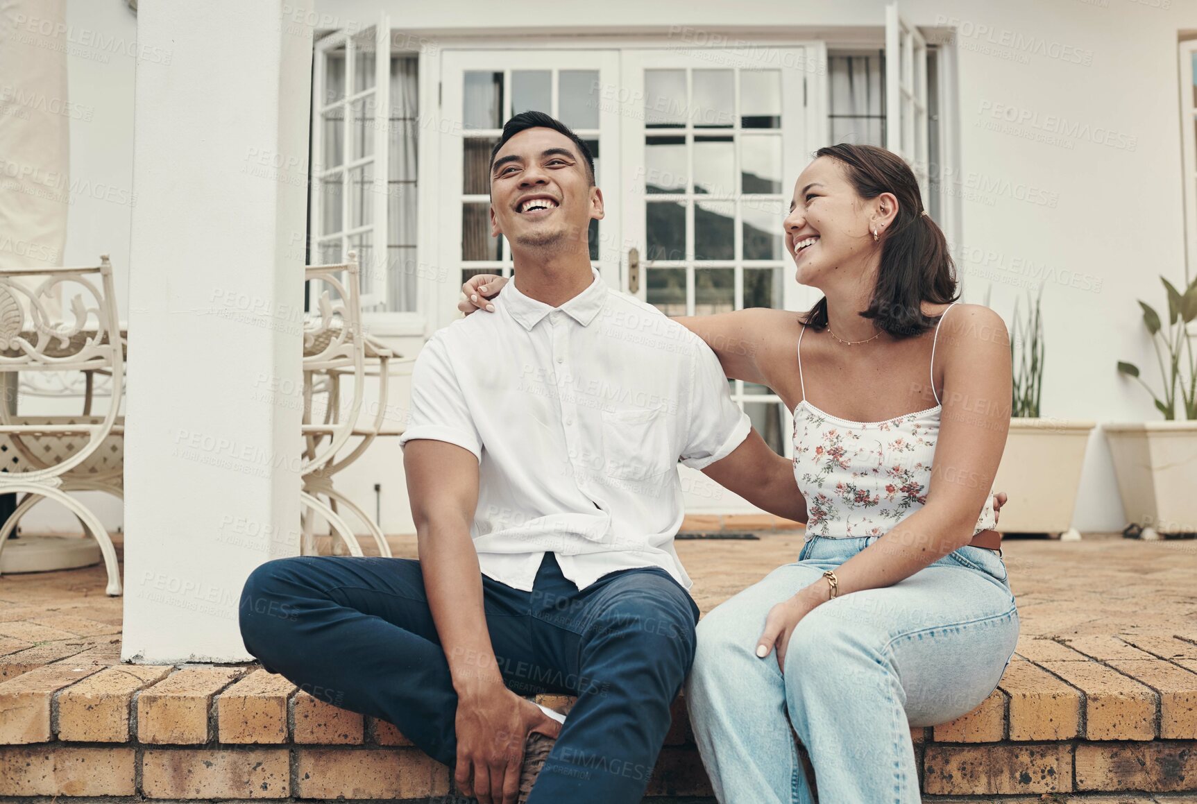 Buy stock photo Married, couple and relax on holiday on porch for love, support and bonding together outdoor. Hug, care and happy man with woman at hotel villa for travel, summer adventure or honeymoon in Venice