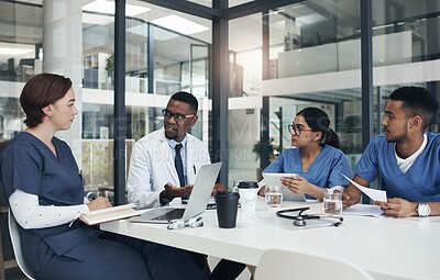 Buy stock photo Meeting, laptop and team of doctors in office for medical treatment, diagnosis or surgery planning in clinic. Discussion, computer and surgeon with group of healthcare interns learning in hospital.