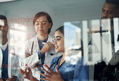 Buy stock photo Doctor, nurse and teamwork on glass board for medical solution, brainstorming and problem solving of patient injury. Healthcare worker or group thinking, planning and decision for orthopedic surgery