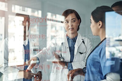 Buy stock photo Doctor, people and team work on glass board for medical solution, brainstorming or problem solving in internship. Healthcare student or nurse talking, training and giving advice for orthopedic steps