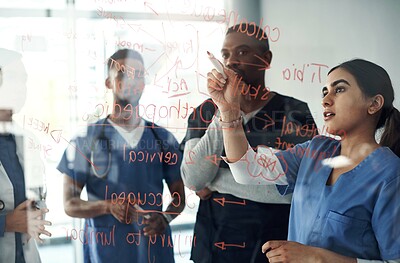 Buy stock photo Doctors, teamwork and people writing on glass board for solution, planning and problem solving in medical residency. Healthcare students, group or nurses with orthopedic training, steps and mindmap