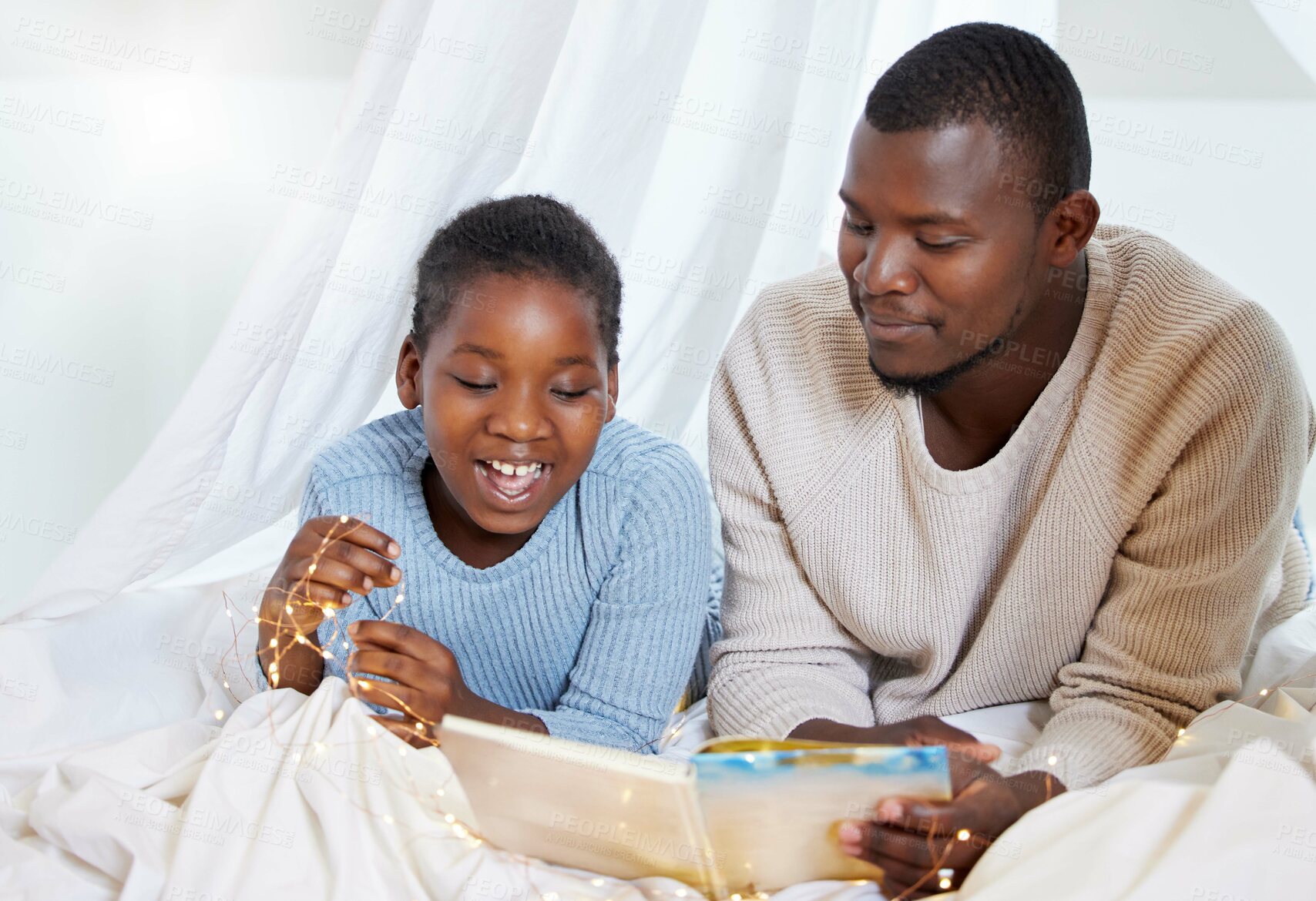 Buy stock photo Black man, child and bed with book for story time, fairy tale or fantasy for imagination, learning or bonding at home. African father reading to daughter or kid for novel or development in bedroom