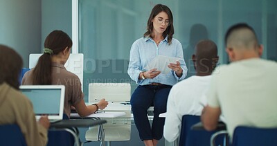 Buy stock photo Brain psychology, university professor and students in classroom for lecture, learning and cognitive lesson. School, woman and diverse group of friends for taking notes, knowledge or education