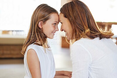 Buy stock photo Mother, child and family in home for love, relax and support for trust, smile and happy in living room. Mom, girl and connection in lounge for young kids, comfort and play for care and cute 