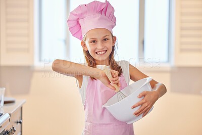 Buy stock photo Girl, portrait and baking in kitchen with chef hat for learning, child development and fun in house. Cooking, food or kid in baker costume for wellness, nutrition or brunch, cake or diy home cookies 