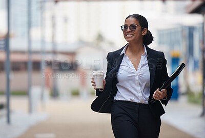 Buy stock photo Business, woman and commute in city with coffee in morning on street to law firm office. Consultant, attorney and happy journey on sidewalk at court building with espresso, latte and excited energy