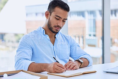 Buy stock photo Man, writing and book for ideas at startup with notes, schedule or problem solving for solution. Entrepreneur, thinking and notebook for creativity, planning and reminder at creative media agency