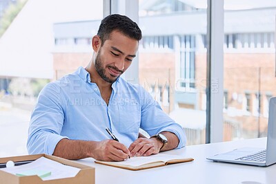 Buy stock photo Man, writing and book with thinking at startup with notes, schedule and problem solving for solution. Entrepreneur, ideas and notebook for creativity, planning and reminder at creative media agency