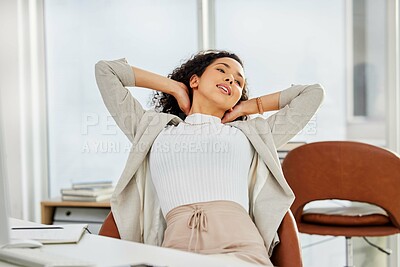 Buy stock photo Office, stretching and woman at desk with paperwork, notes and financial planning with time management. Relax, productivity and professional, businesswoman or audit consultant at accounting business