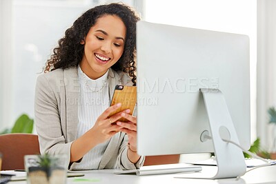 Buy stock photo Office, typing and happy woman at desk with smartphone, networking and connectivity with online chat. Phone, social media and consultant with mobile app for easy schedule planning at startup business