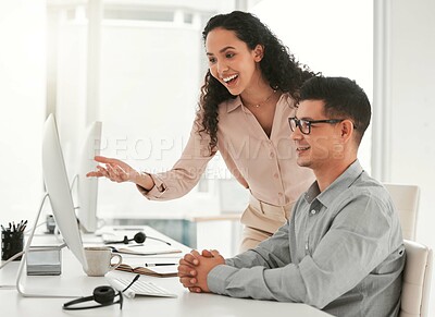 Buy stock photo People, mentor and office of call center with coaching for inbound telemarketing, sales service and crm. Training, agent and communication for employee advice for customer support and professionalism