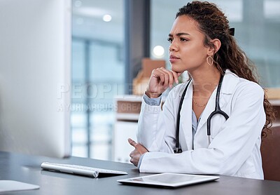 Buy stock photo Medical, thinking and computer with doctor in office for planning, research and report. Healthcare, medicine journal and question with woman in hospital for problem solving, network and data