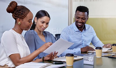 Buy stock photo Documents, teamwork and business people meeting in the office boardroom with beverages planning project. Collaboration, diversity and colleagues working on company strategy with coffee for drinks