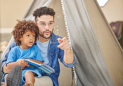 Buy stock photo Family, reading and father and child with book for story time, child development and bonding in bedroom. Happy, relax and dad with young boy with novel for fantasy, storytelling and education in home