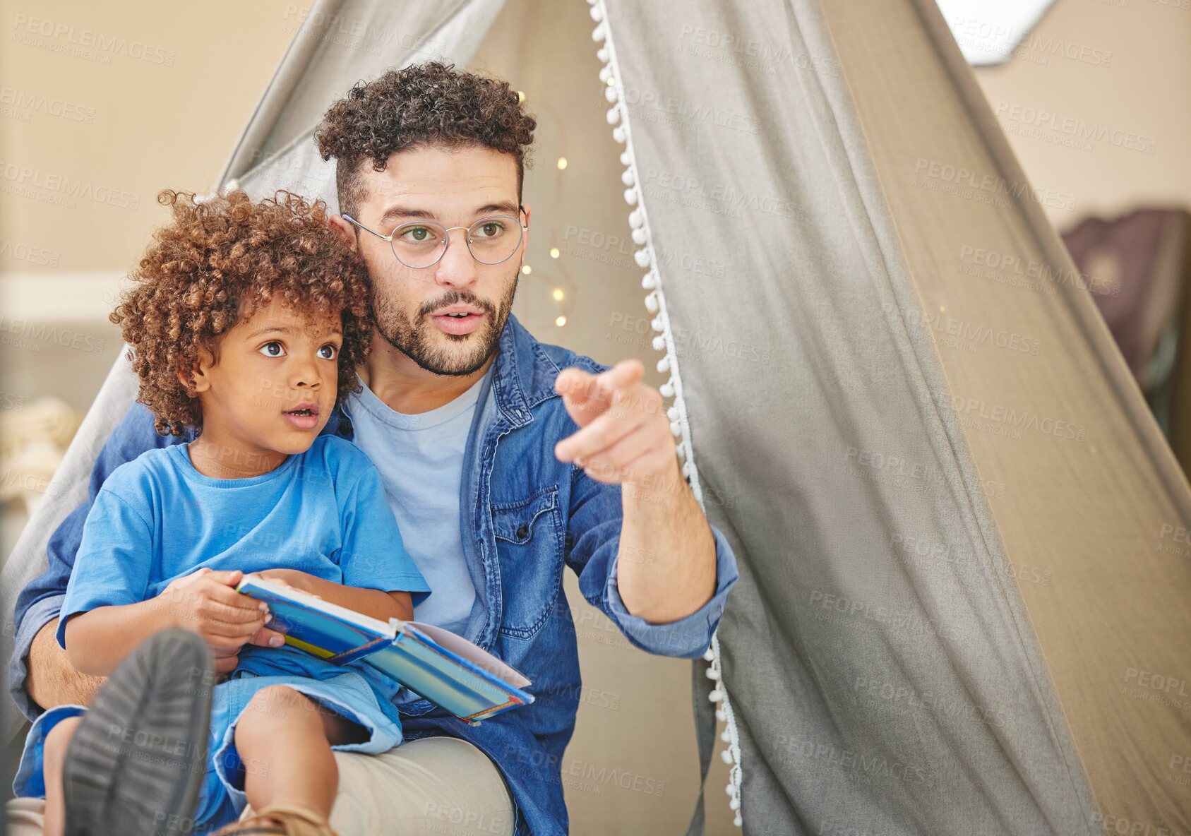 Buy stock photo Family, reading and father and child with book for story time, child development and bonding in bedroom. Happy, relax and dad with young boy with novel for fantasy, storytelling and education in home