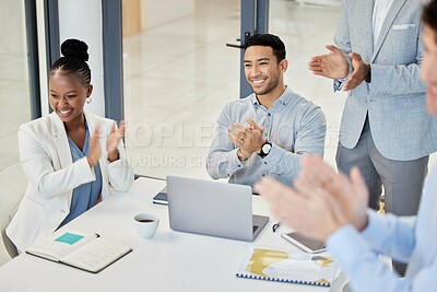 Buy stock photo People, business meeting and applause with presentation and congratulations, praise and pride in team. Corporate group, collaboration or partnership with clapping hands for bonus, support and success