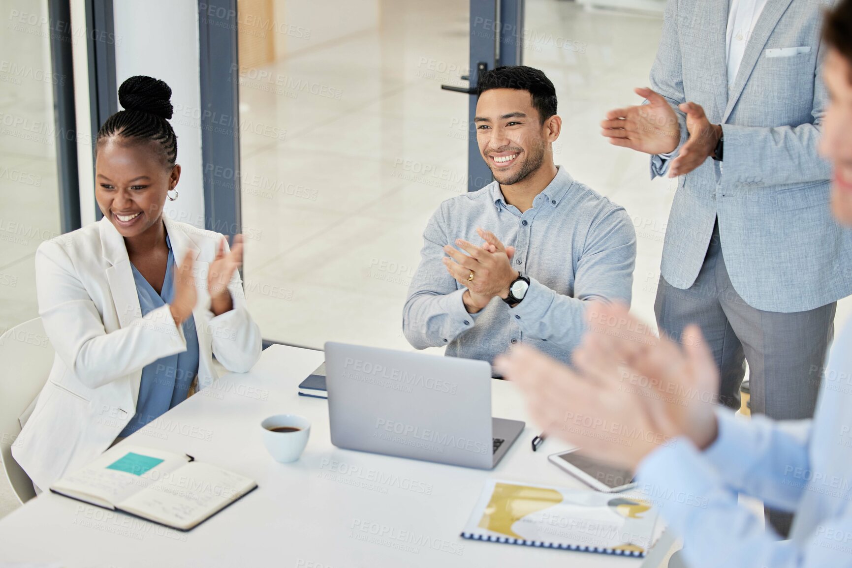 Buy stock photo People, business meeting and applause with presentation and congratulations, praise and pride in team. Corporate group, collaboration or partnership with clapping hands for bonus, support and success