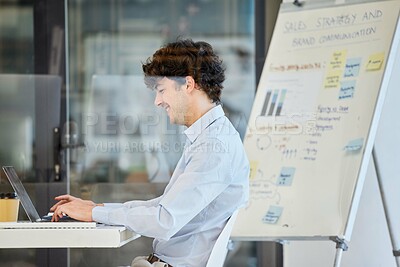 Buy stock photo Businessman, laptop and office with whiteboard graphs for investment, data analysis or charts. Male person, smile and financial planning for corporate growth or trading, statistics or stock market