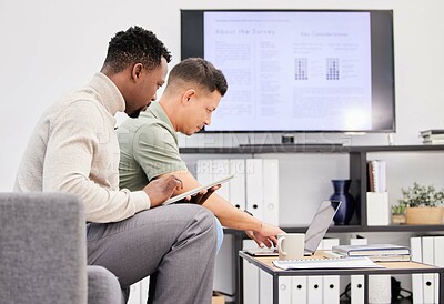 Buy stock photo Planning, research and business people coworking with tablet and reading info online for strategy. Collaboration, teamwork and cooperation on project with analysis of data, report or review in office