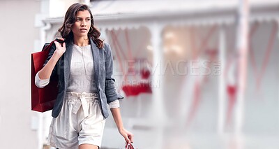 Buy stock photo City, shopping and woman with bags, sale and purchase with fashion, walking and boutique items. Outdoor, person and girl with consumerism, discount deal and luxury product with promotion and retail