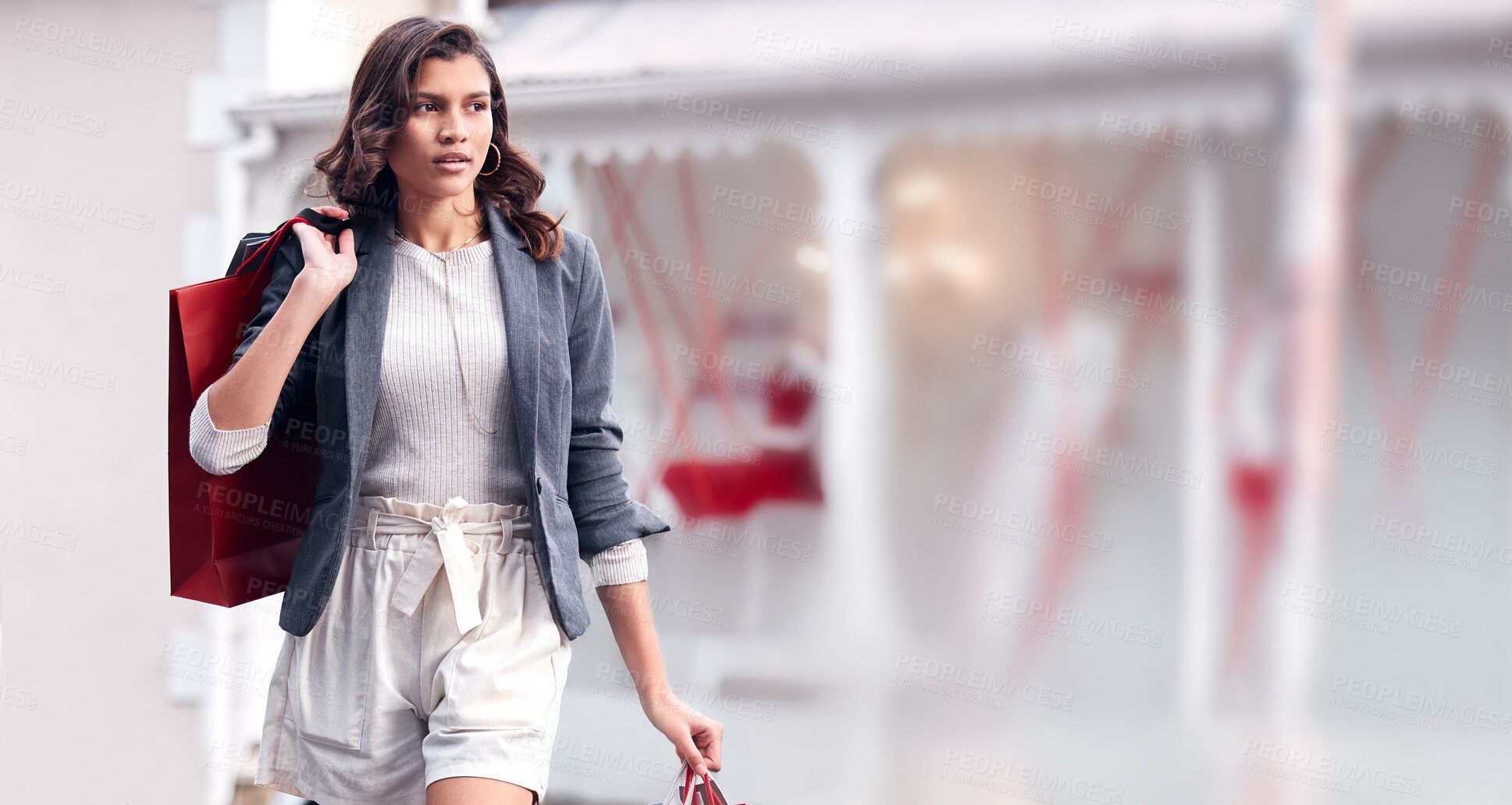 Buy stock photo City, shopping and woman with bags, sale and purchase with fashion, walking and boutique items. Outdoor, person and girl with consumerism, discount deal and luxury product with promotion and retail