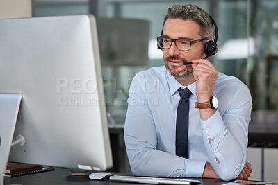 Buy stock photo Businessman, call center and smile with headphones on computer in customer service, telemarketing or support at office. Man, consultant or agent consulting for online advice or telesales at workplace