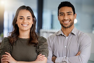 Buy stock photo Happy, arms crossed and portrait of business people in office for teamwork, professional and pride. Smile, collaboration and solidarity with man and woman for entrepreneur, happiness and support