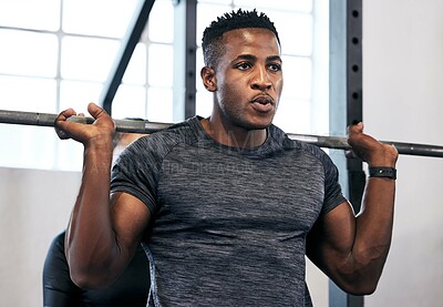Buy stock photo Exercise, weightlifting and black maan bodybuilding in gym, workout and strength for body. Fitness routine, muscle and heavy bar for powerlifting, metal and squat rack for leg training or wellness