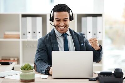 Buy stock photo Business man, fist and telemarketing success with celebration and work promotion email. Male worker, win and good news on a laptop in a office with motivation and typing at call center job with tech