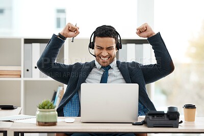 Buy stock photo Business man, telemarketing and success with celebration and work promotion email. Male worker, win and good news on a laptop in a office with motivation and typing at call center job with tech