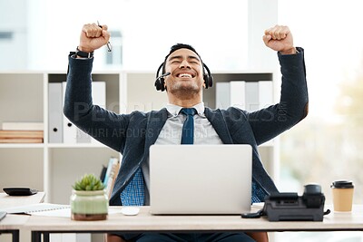 Buy stock photo Business man, success and call center with celebration and work promotion email. Male worker, win and good news on a laptop in a office with motivation and typing at telemarketing job with smile