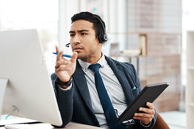 Buy stock photo Man, agent and call centre or working with computer, crm and telemarketing with sales consultant. Support, help desk and employee with headset for online communication job, searching faq on tablet