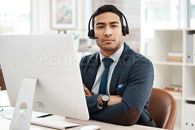 Buy stock photo Business man, call center and serious face with telemarketing and phone consultation work. Support, contact us and male worker by a computer for consultant and customer service in a office with tech