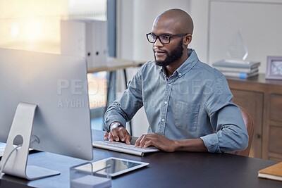 Buy stock photo Programmer, computer and black man typing for software, coding or email in office. IT, desktop and African professional working on cyber security, business code or internet research for programming.