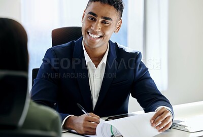 Buy stock photo Insurance, agent and consultation for contract in office with legal compliance, advice and paperwork. Happy, consultant and help planning policy agreement, document checklist and meeting with broker