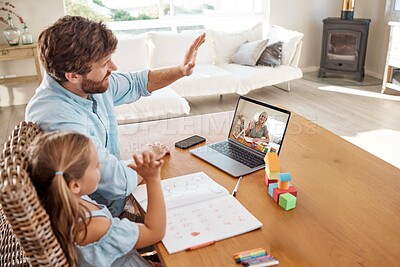 Buy stock photo Video call, education and learning with a girl, father and teacher in a remote meeting on a laptop from home to attend a virtual class. Studying, technology and school with a man and daughter waving