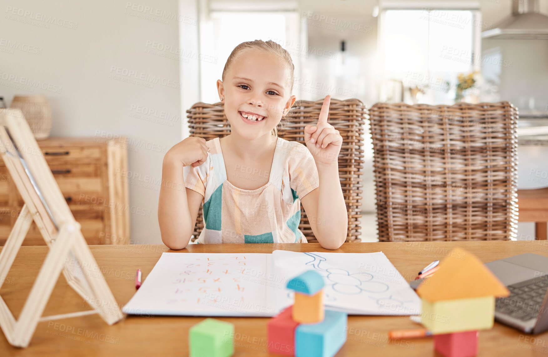 Buy stock photo Education, learning and child development with girl drawing and doing homework at a kitchen table at home. Portrait of a happy student smile, enjoying distance learning and educational art project