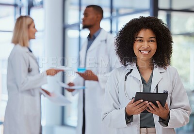 Buy stock photo Black woman healthcare doctor with tablet for research in  
medical hospital leadership, help and trust. African girl pharmacist with internet digital technology data for medicine analytics results