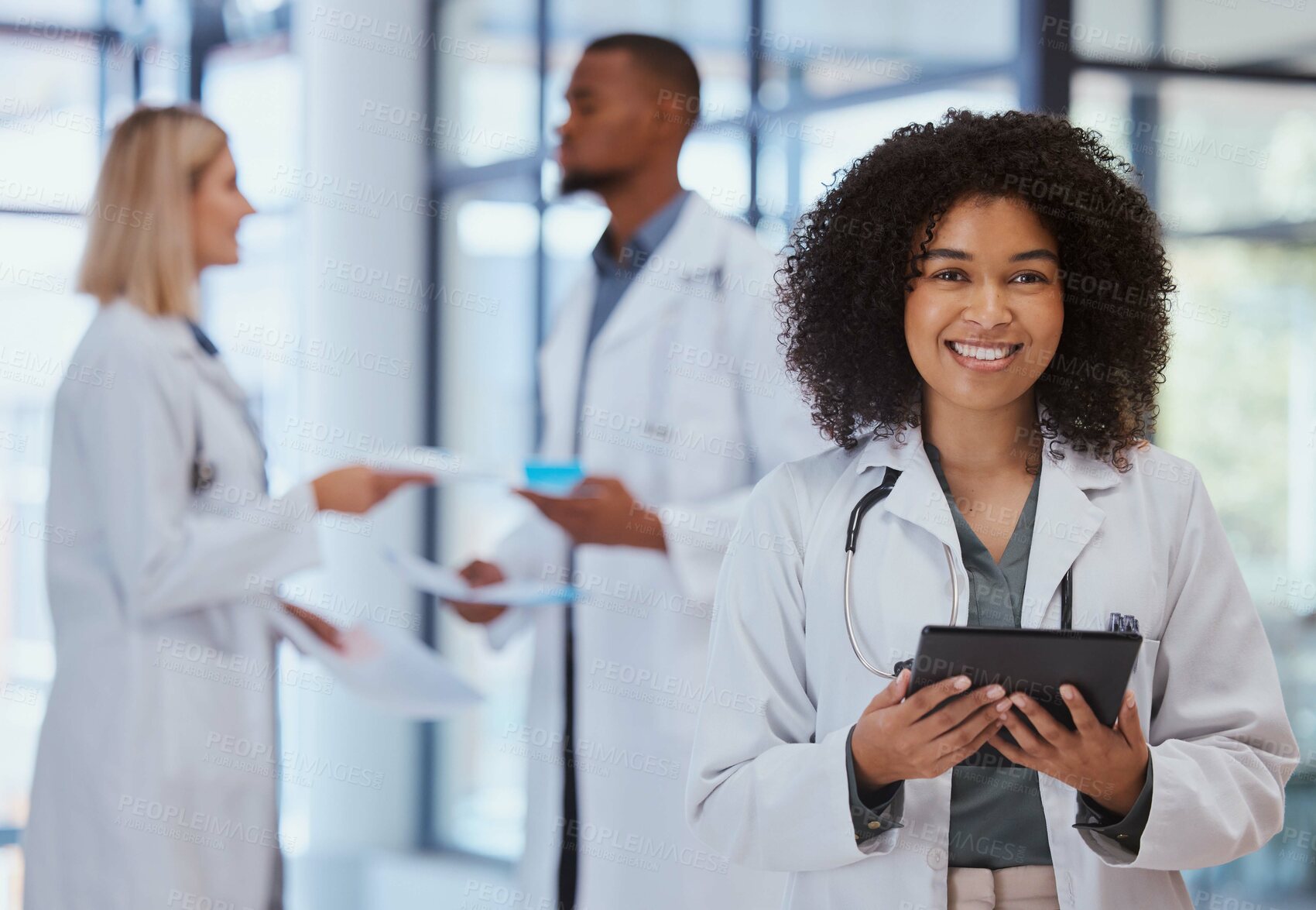 Buy stock photo Black woman healthcare doctor with tablet for research in  
medical hospital leadership, help and trust. African girl pharmacist with internet digital technology data for medicine analytics results