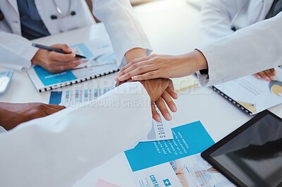 Buy stock photo Collaboration, team and hands of doctor in meeting working on research for medical study or surgery. Teamwork, support and partnership for group of hospital healthcare worker with medicine documents