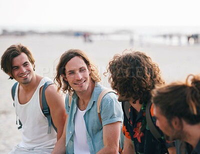 Buy stock photo group of male friends on beach enjoying summer holiday students having fun on vacation attractive guys hanging out on beachfront at sunset