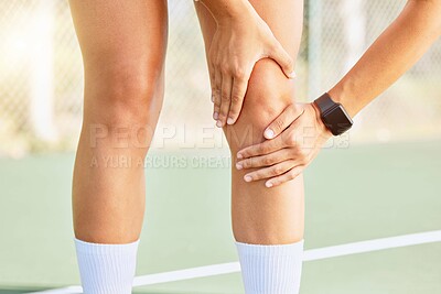 Buy stock photo Tennis woman athlete knee injury, in pain or hurt after sport training accident and working out on court. Medical emergency happen from muscle, bone or joint pain and is a risk when athletes exercise
