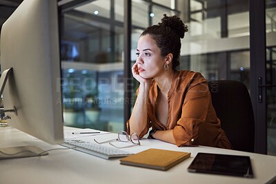 Buy stock photo Burnout, report and compliance with a business woman working on a computer in her office late at night. Stress, frustrated and problem with an anxious female employee at work on a company deadline