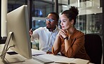 Business training, night planning and employees talking about corporate proposal on internet in dark office at night. African workers working on partnership on the web with computer during overtime