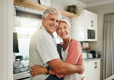 Buy stock photo Love, hug and senior couple in the kitchen cooking dinner in a happy home enjoying retirement together at home. Romance, marriage and old woman hugging a romantic senior partner with a big smile