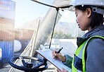 Cargo, shipping and woman in truck writing inventory notes on clipboard in shipment yard. Professional freight worker with checklist for organisation, logistics and stock distribution plan.