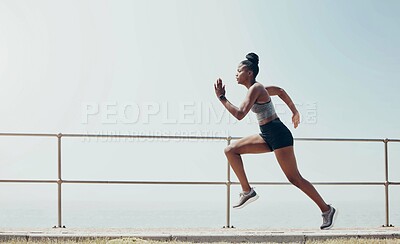 Sports, running and speed with black woman training in beach park for workout, wellness and health. Motivation, fitness and training for marathon with runner in the morning for summer, fast or energy