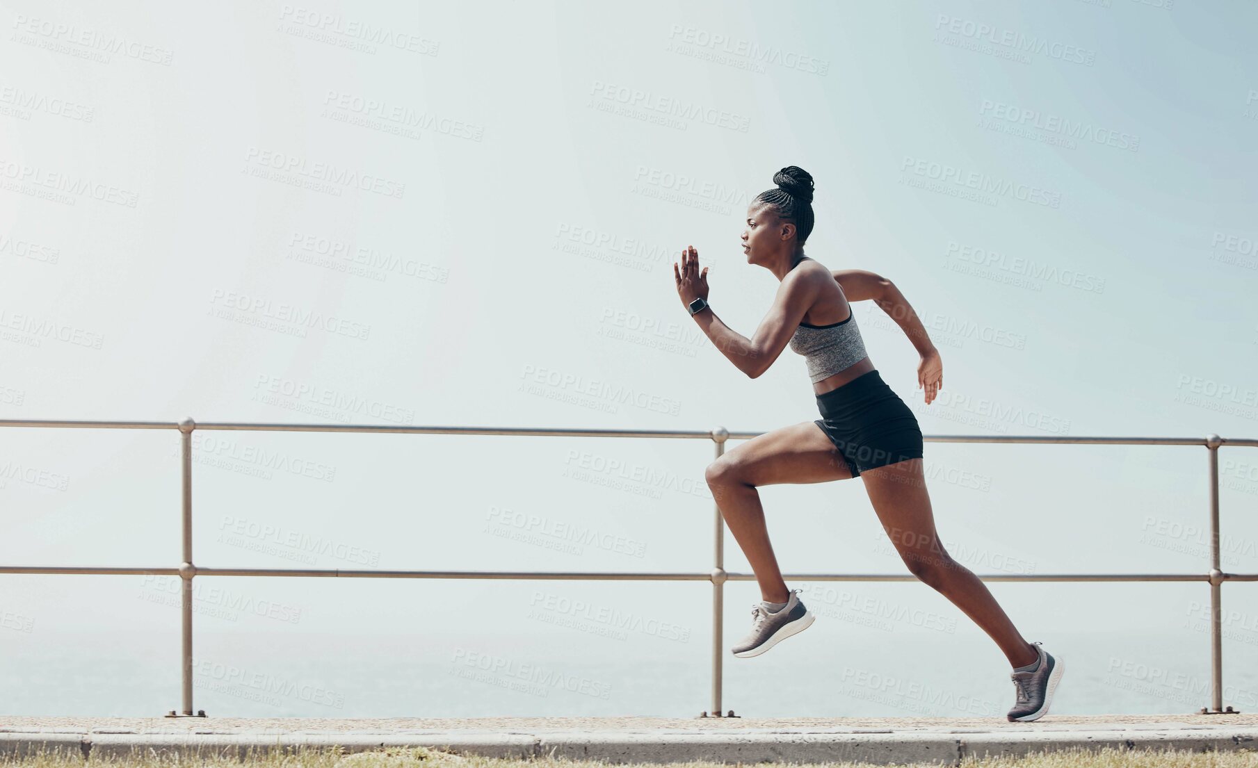 Buy stock photo Sports, running and speed with black woman training in beach park for workout, wellness and health. Motivation, fitness and training for marathon with runner in the morning for summer, fast or energy